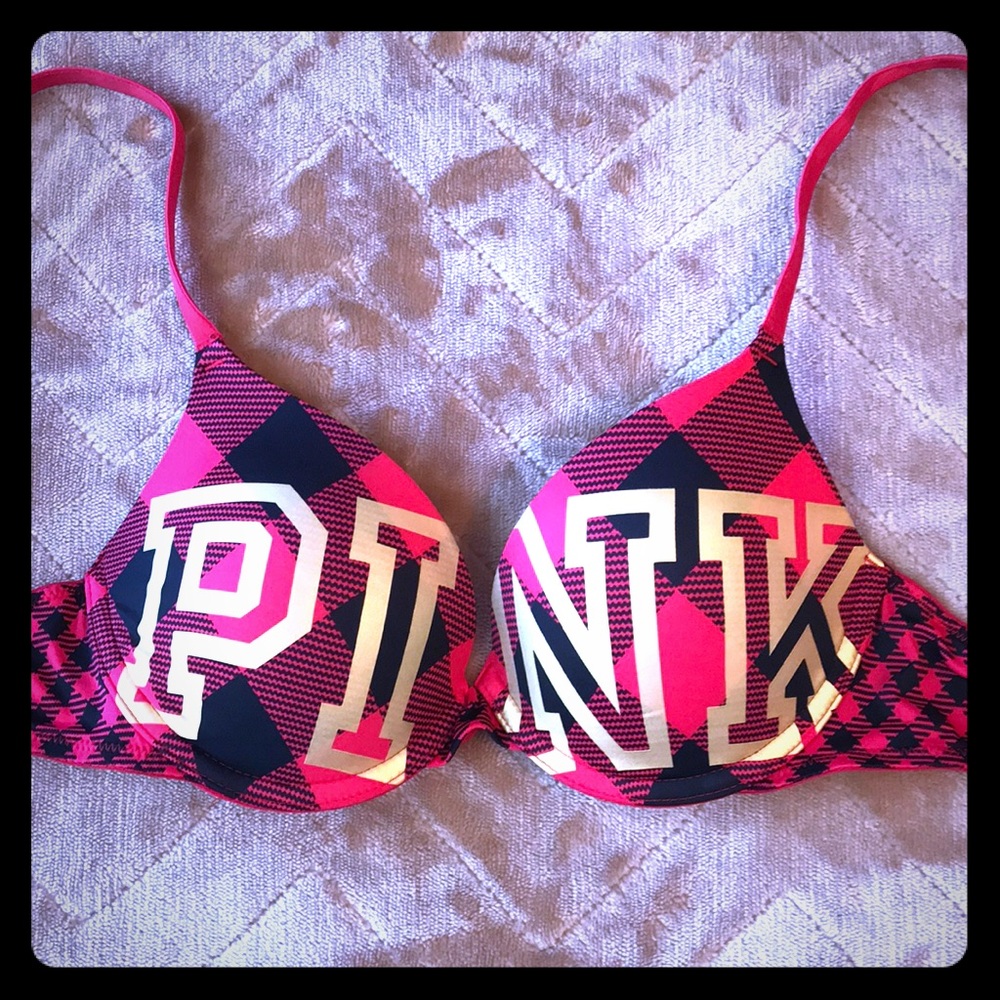 VS PINK RUNWAY PUSHUP BRA - Red Plaid Check & Gold